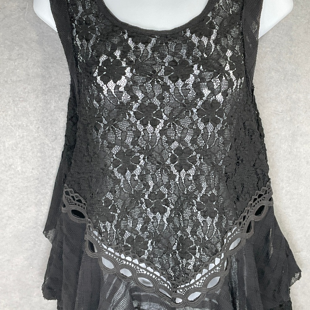 Free People Top Sz M Black‎ Lace Ruffle Layered Open Back Sleeveless Whimsigoth - Picture 4 of 8